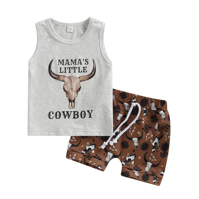 Mamas Little Cowboy - Bulls Head , Sleeveless Tank Top  Shorts Casual Sets