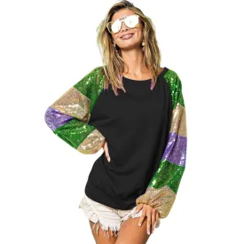 Mardi Gras Ladies Black Sequins Color Block Sleeves Top