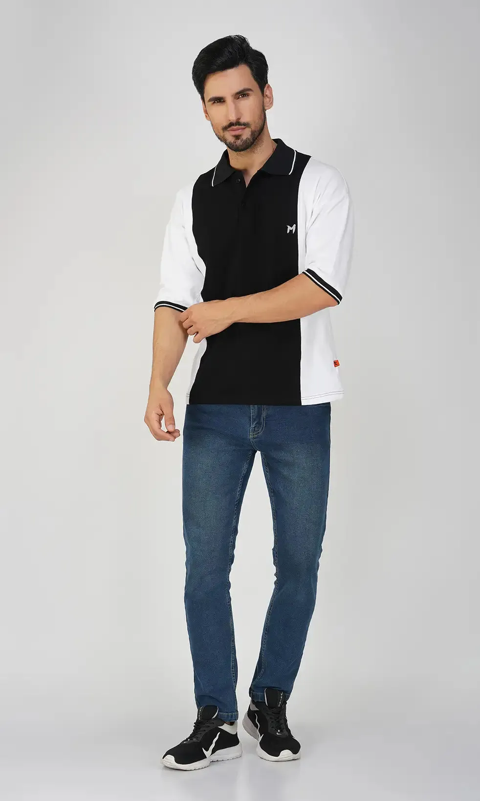 Mebadass Cotton Men's Colorblocked Oversized Collar T-shirt - White & Black