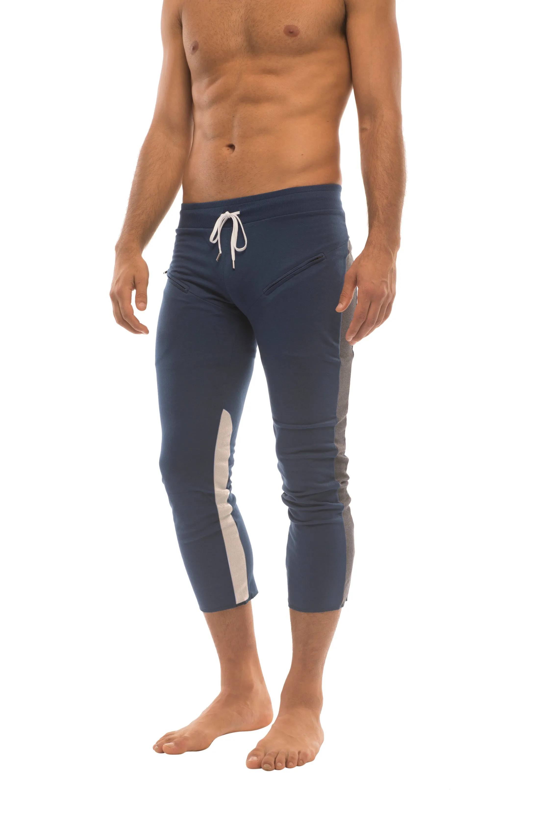 Mens 4/5 Zipper Pocket Capri Yoga Pants (Royal w/Charcoal & GREY)