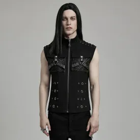 Men's Punk Faux Leather Big-pocket Eyelets Vest