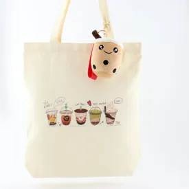 Milk Tea Bubble Tea Cute Canvas Women Tote Bag with Boba Plush Keychain