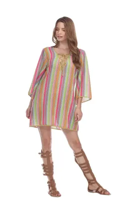 Multi-Color Stripe Pattern Short Polyester Tunic