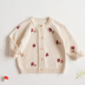 Mushroom Embroidered Beige Kids Cardigan