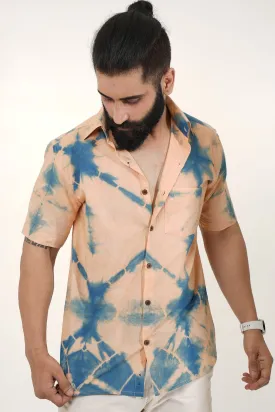 Peach Shirt with Blue Tie Dye Handmade Half Sleeves | Style Matters