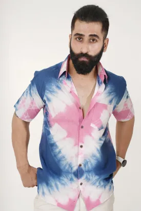 Pink and Blue Tie Dye Handmade Half Sleeves Shirt | Style Matters