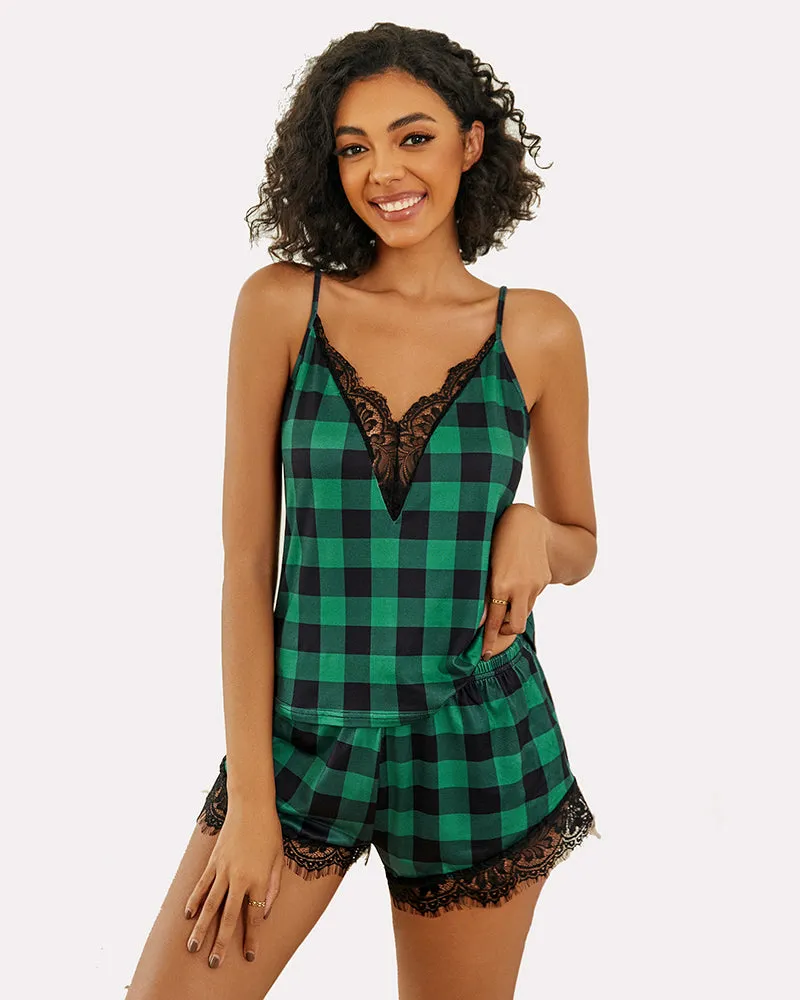 Plaid Lace Trim Pajama Set