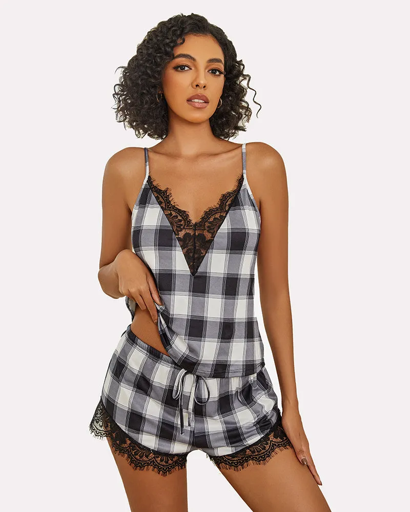 Plaid Lace Trim Pajama Set