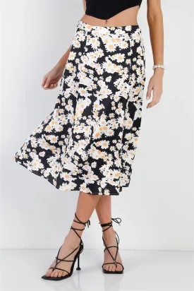 "Daisy" Print Black Multi Color Satin Effect Midi Slip Skirt /1-2-2-1