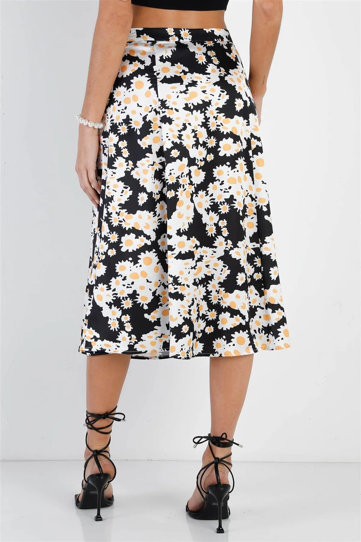 "Daisy" Print Black Multi Color Satin Effect Midi Slip Skirt /1-2-2-1