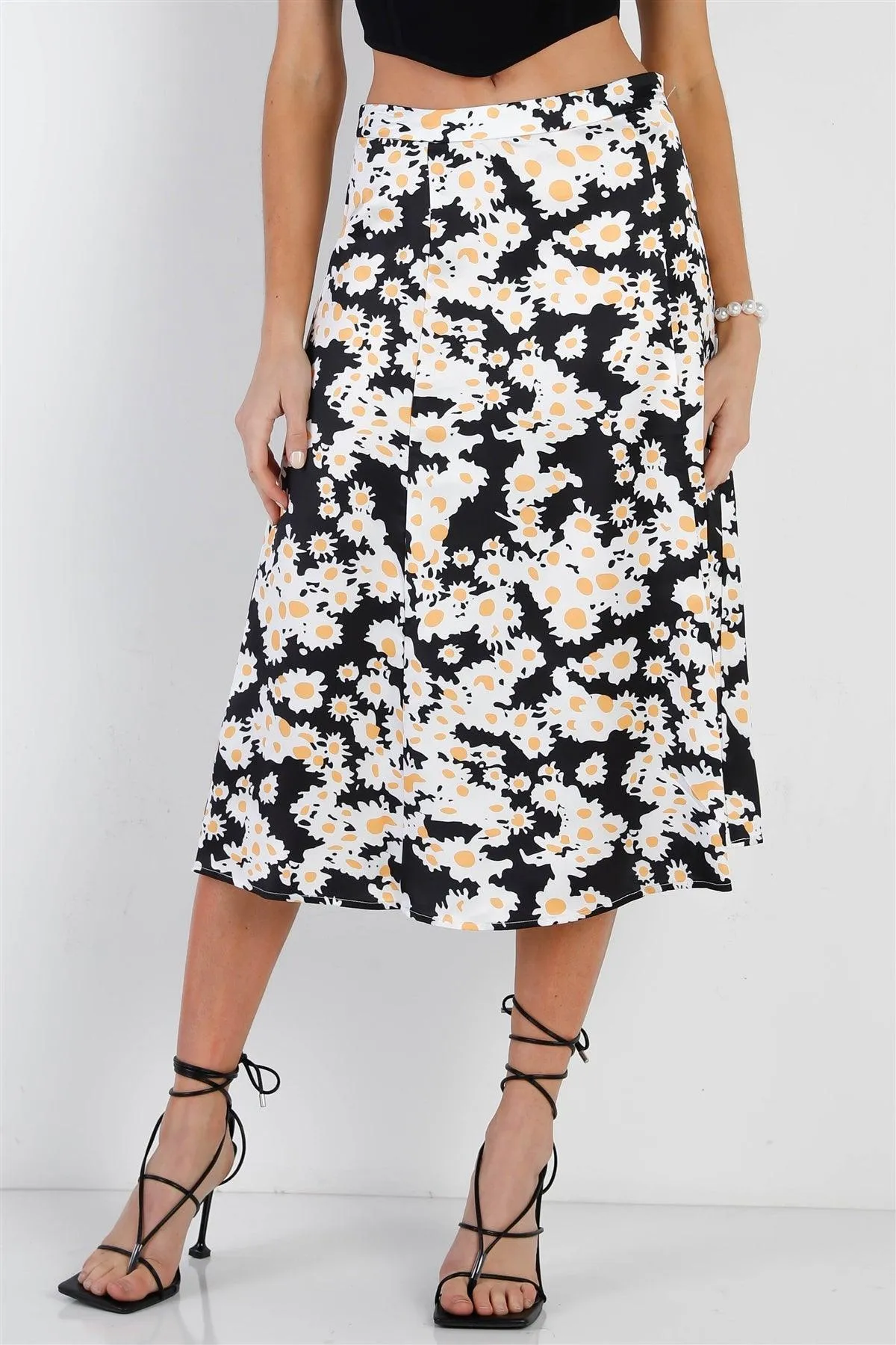 "Daisy" Print Black Multi Color Satin Effect Midi Slip Skirt /1-2-2-1