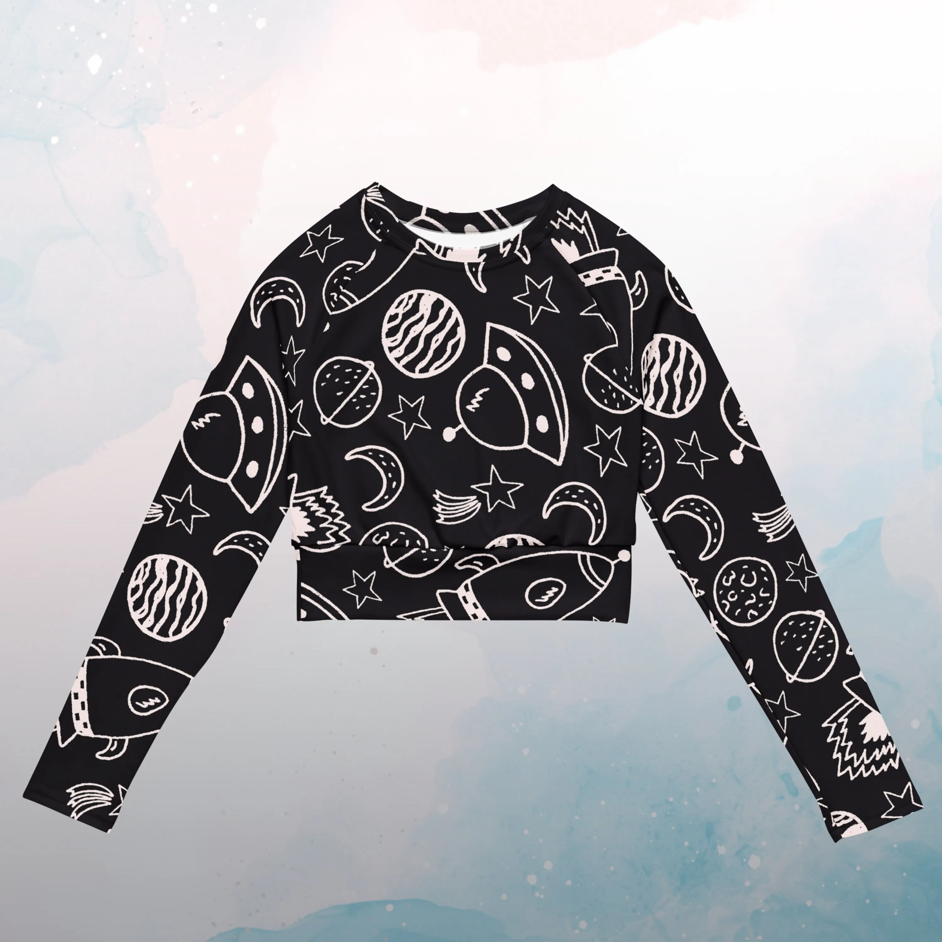 Rocket Ships and Planets Womens Recycled Long Sleeve Crop Top