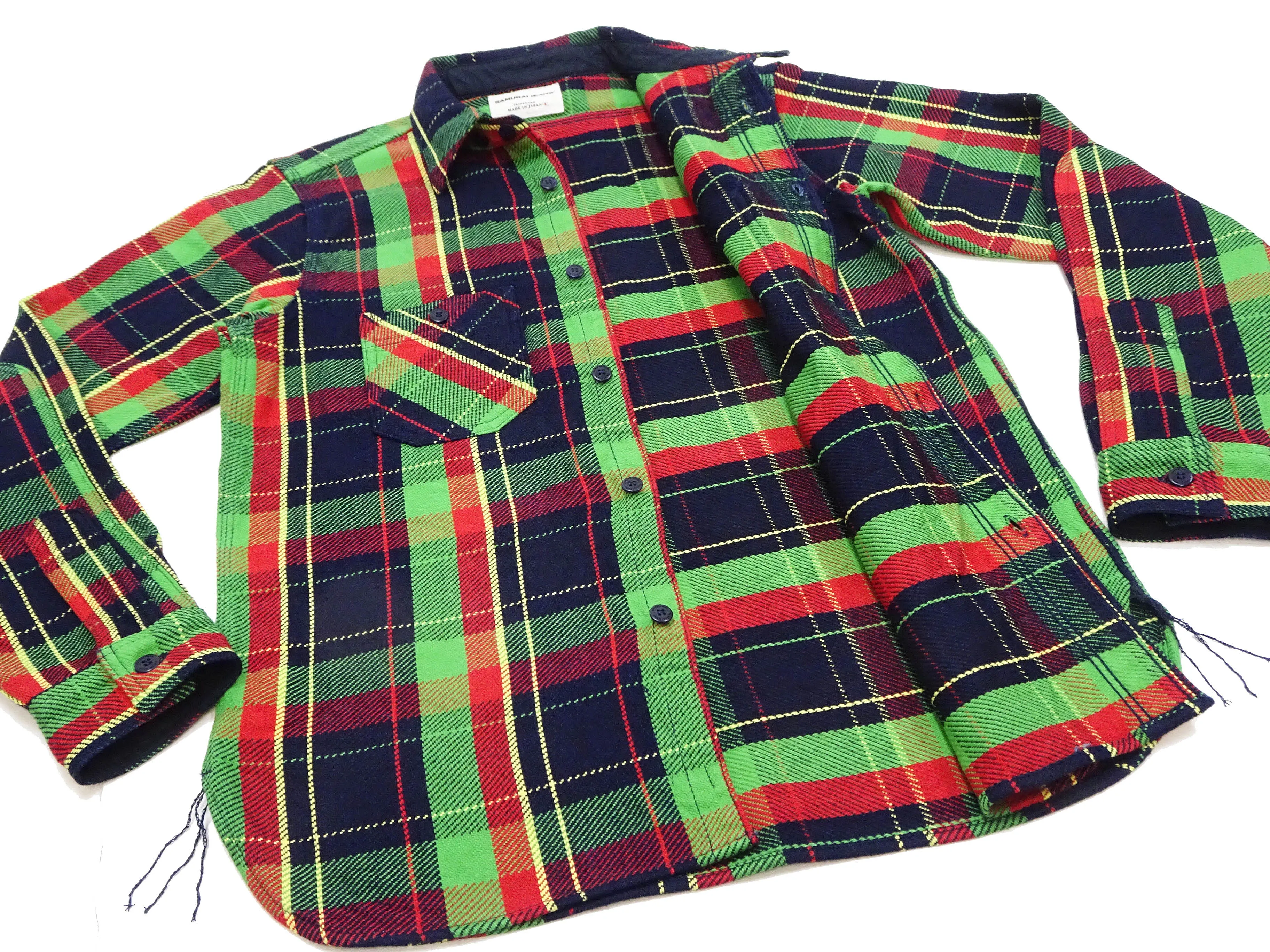 Samurai Jeans Indigo Plaid Flannel Shirt Men's Heavyweight Long Sleeve Button Up Work Shirt SIN23-01 Indigo/Green Plaid