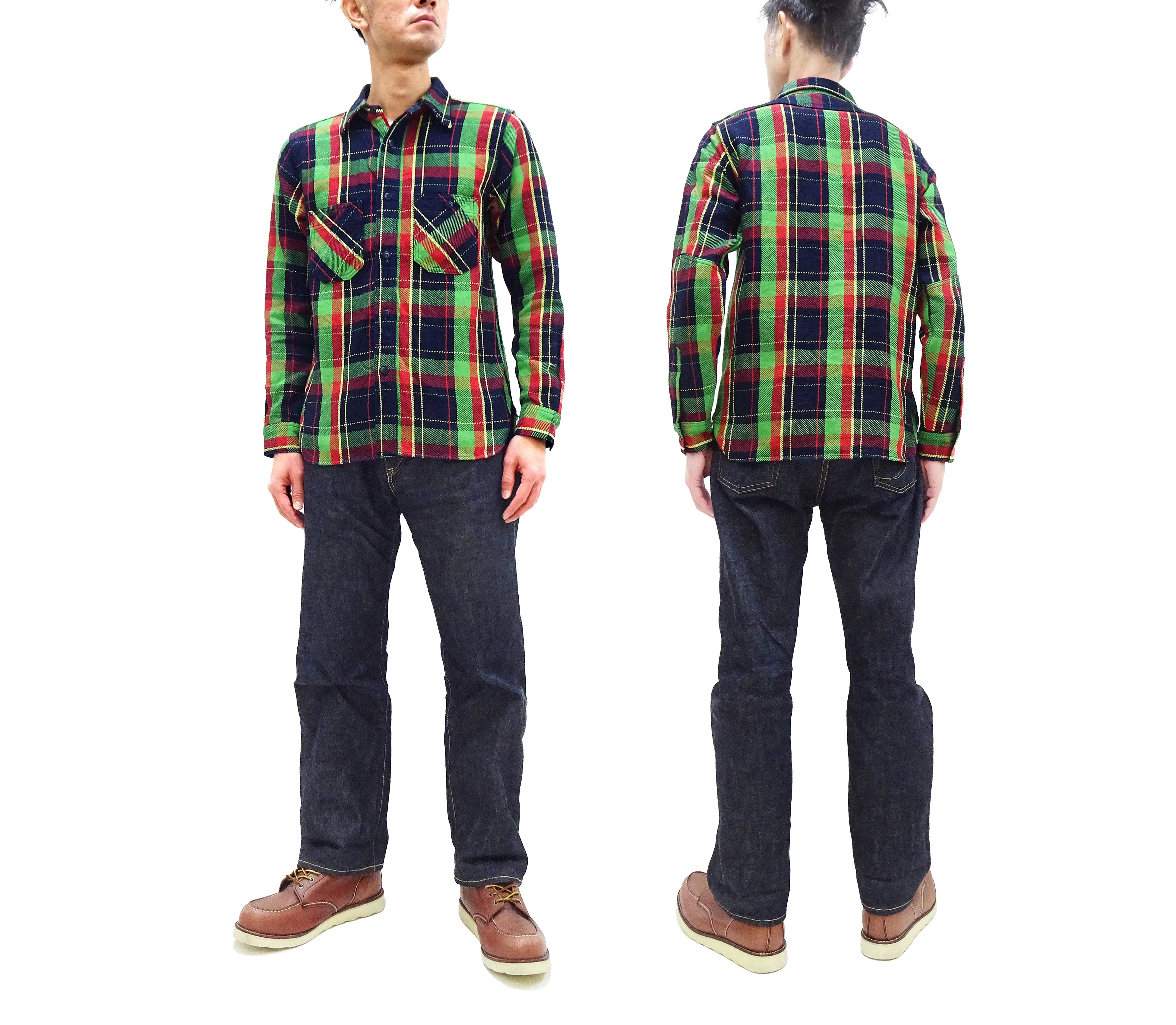 Samurai Jeans Indigo Plaid Flannel Shirt Men's Heavyweight Long Sleeve Button Up Work Shirt SIN23-01 Indigo/Green Plaid