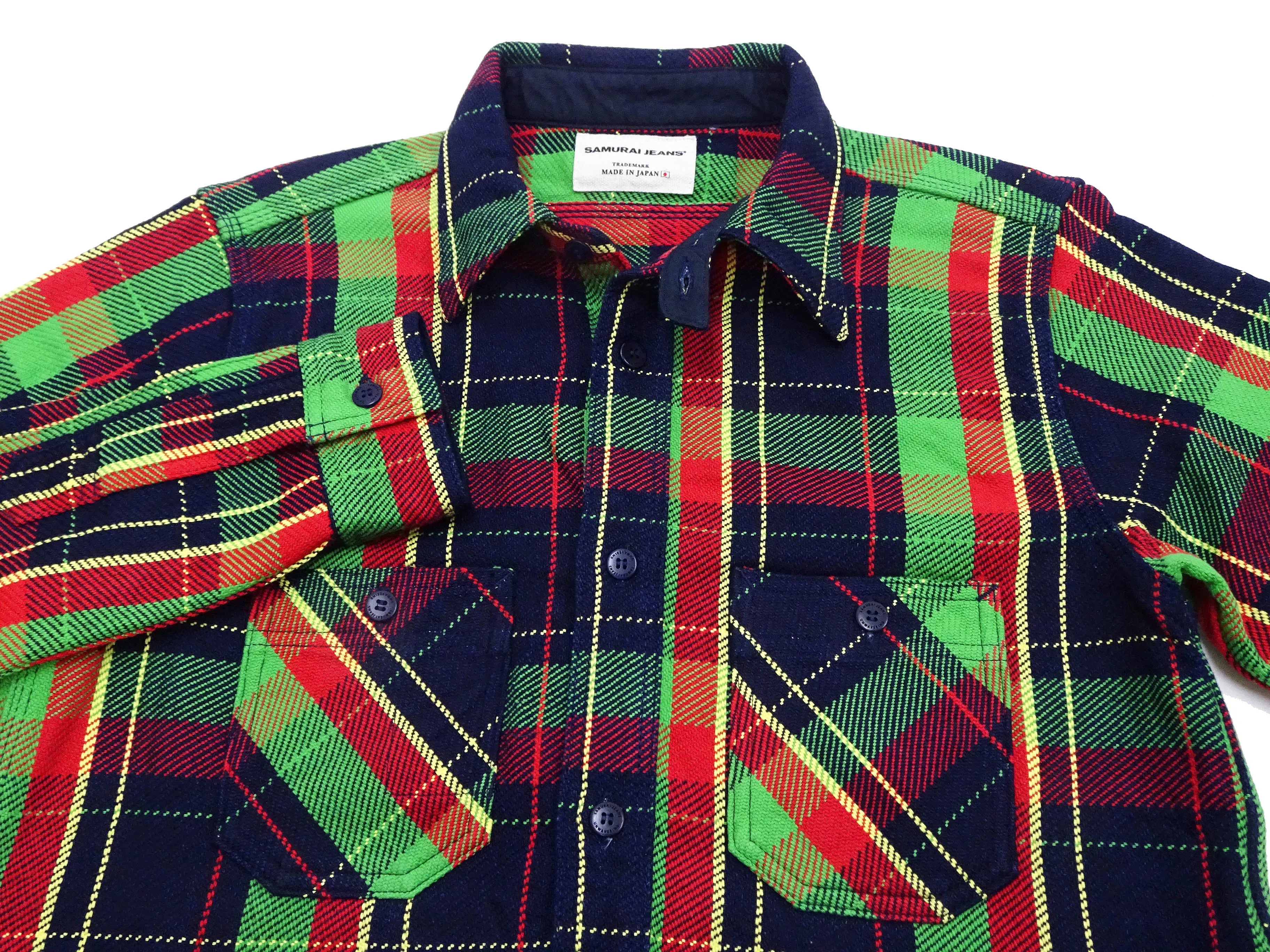 Samurai Jeans Indigo Plaid Flannel Shirt Men's Heavyweight Long Sleeve Button Up Work Shirt SIN23-01 Indigo/Green Plaid