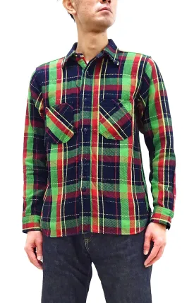 Samurai Jeans Indigo Plaid Flannel Shirt Men's Heavyweight Long Sleeve Button Up Work Shirt SIN23-01 Indigo/Green Plaid