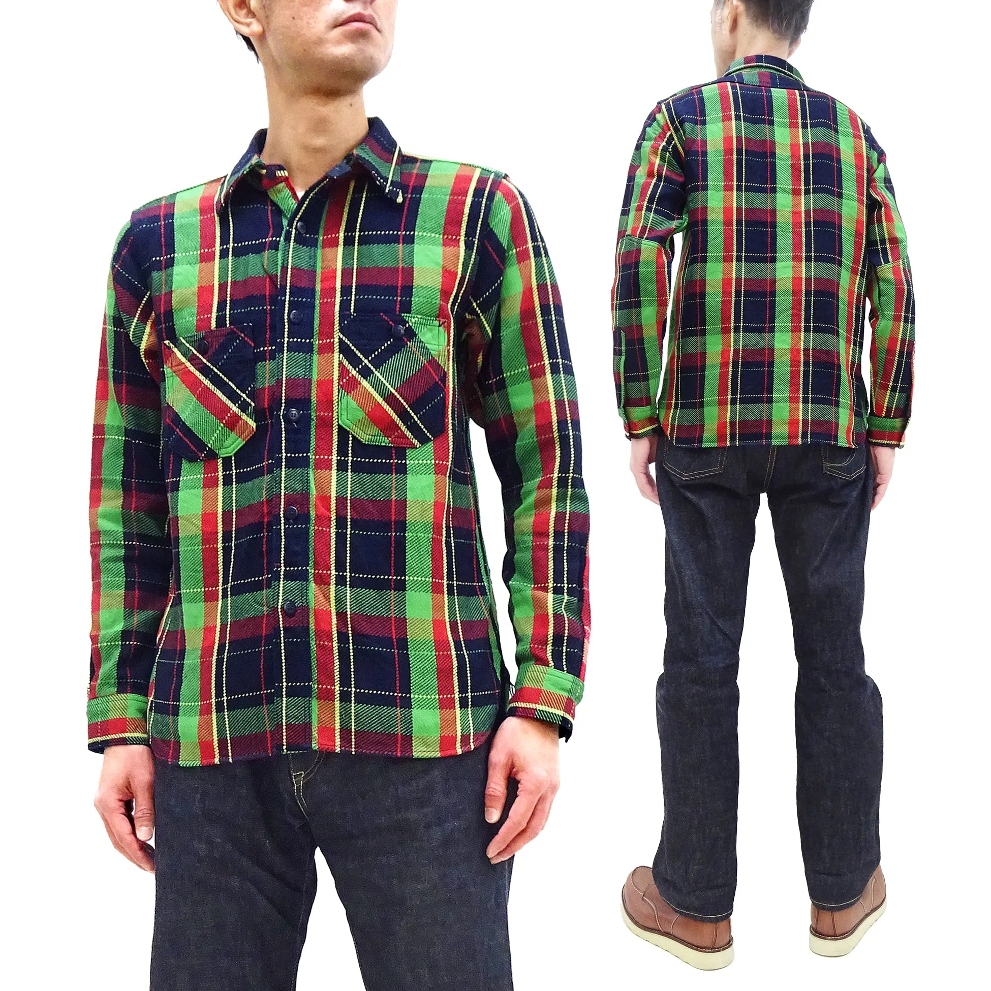 Samurai Jeans Indigo Plaid Flannel Shirt Men's Heavyweight Long Sleeve Button Up Work Shirt SIN23-01 Indigo/Green Plaid