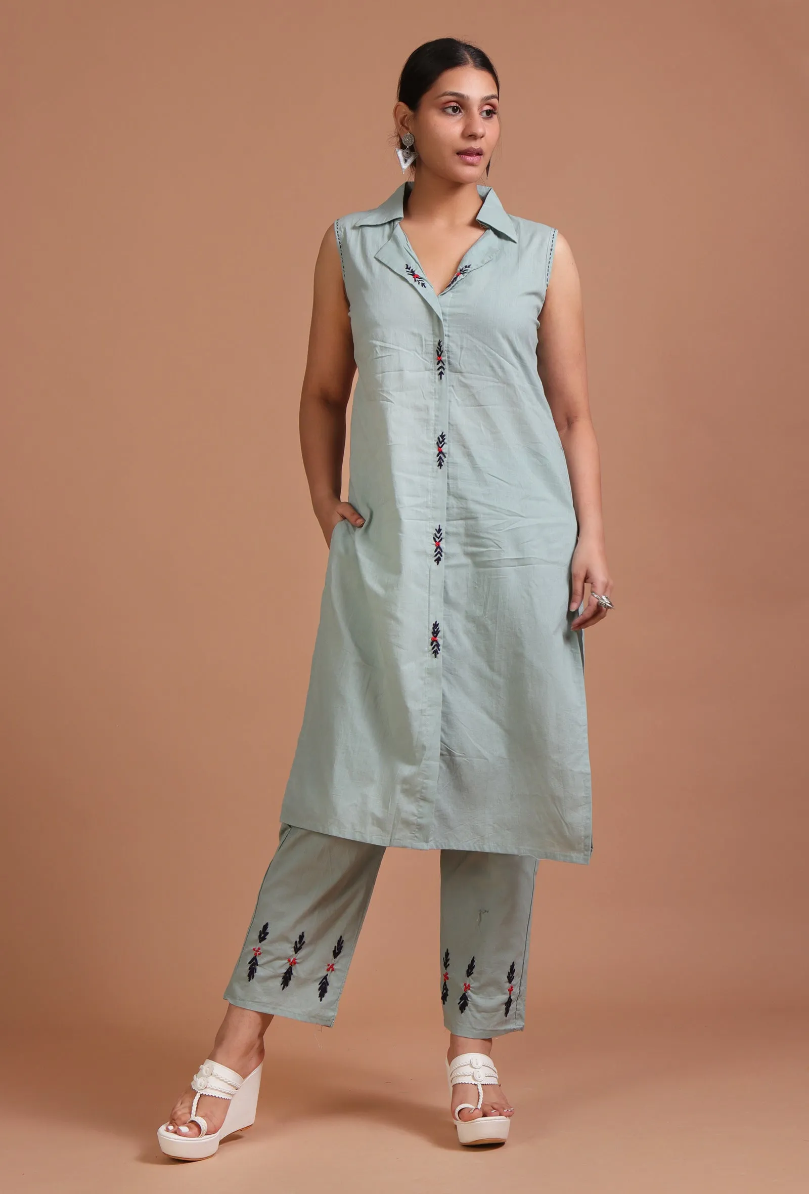 Set Of 2: Sage Green Cotton Plain Kurta & Pant Set