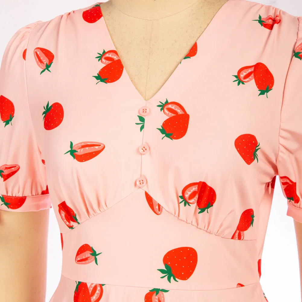 Strawberry Printed Defined Waist Dress Short Sleeve V-Neck Flared A-Line Dress