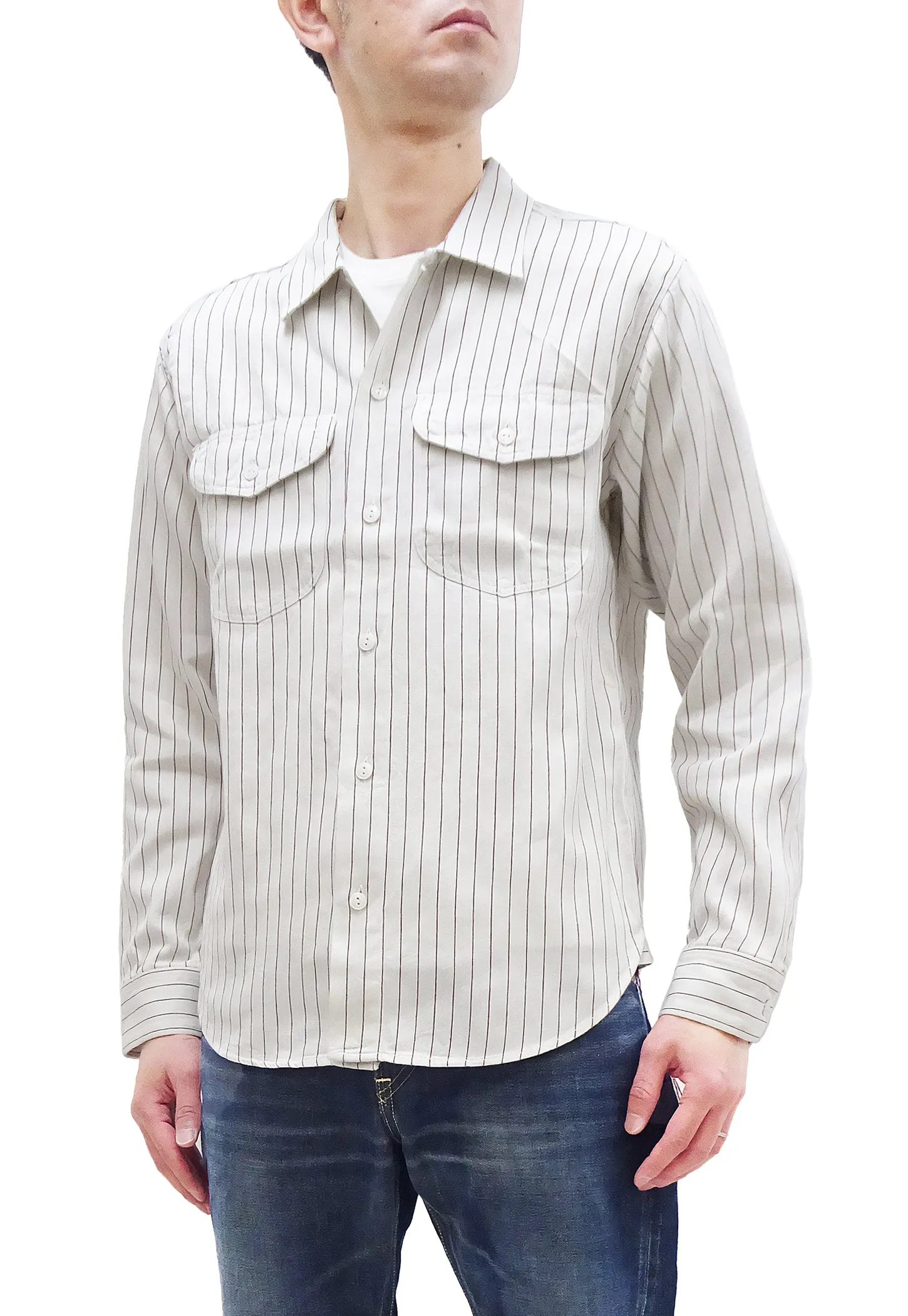 Sugar Cane Shirt Men's Vertical Striped Long Sleeve Button Up Shirt Coke Stripe Work Shirt SC28652 105 Off-White