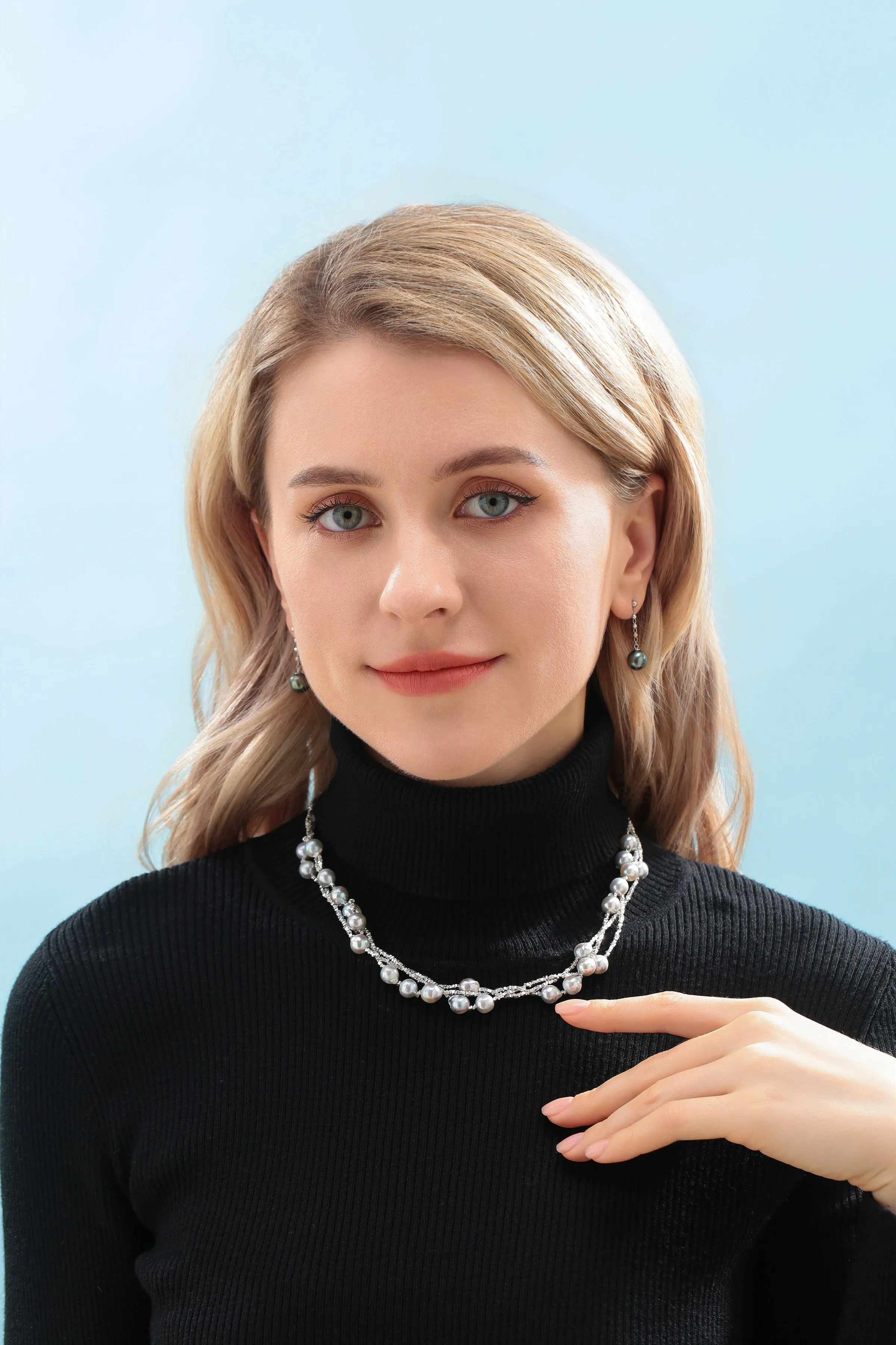 Triple Layer Silver Blue Seawater Akoya Pearl Necklace