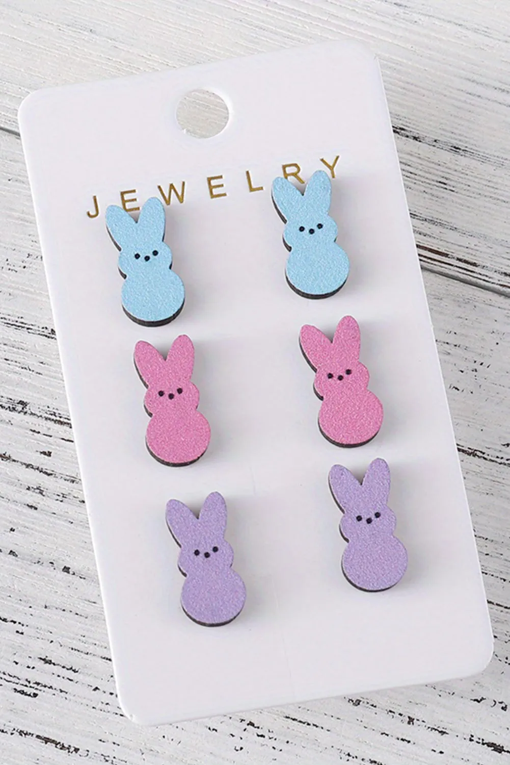 White Easter Bunny Doll Shape Wooden Stud Earrings