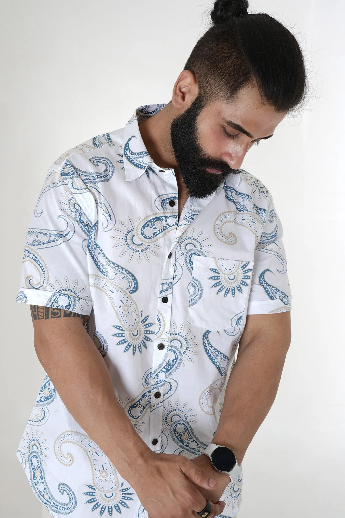 White Shirt with Paisley Print, Half Sleeves Cotton | Style Matters