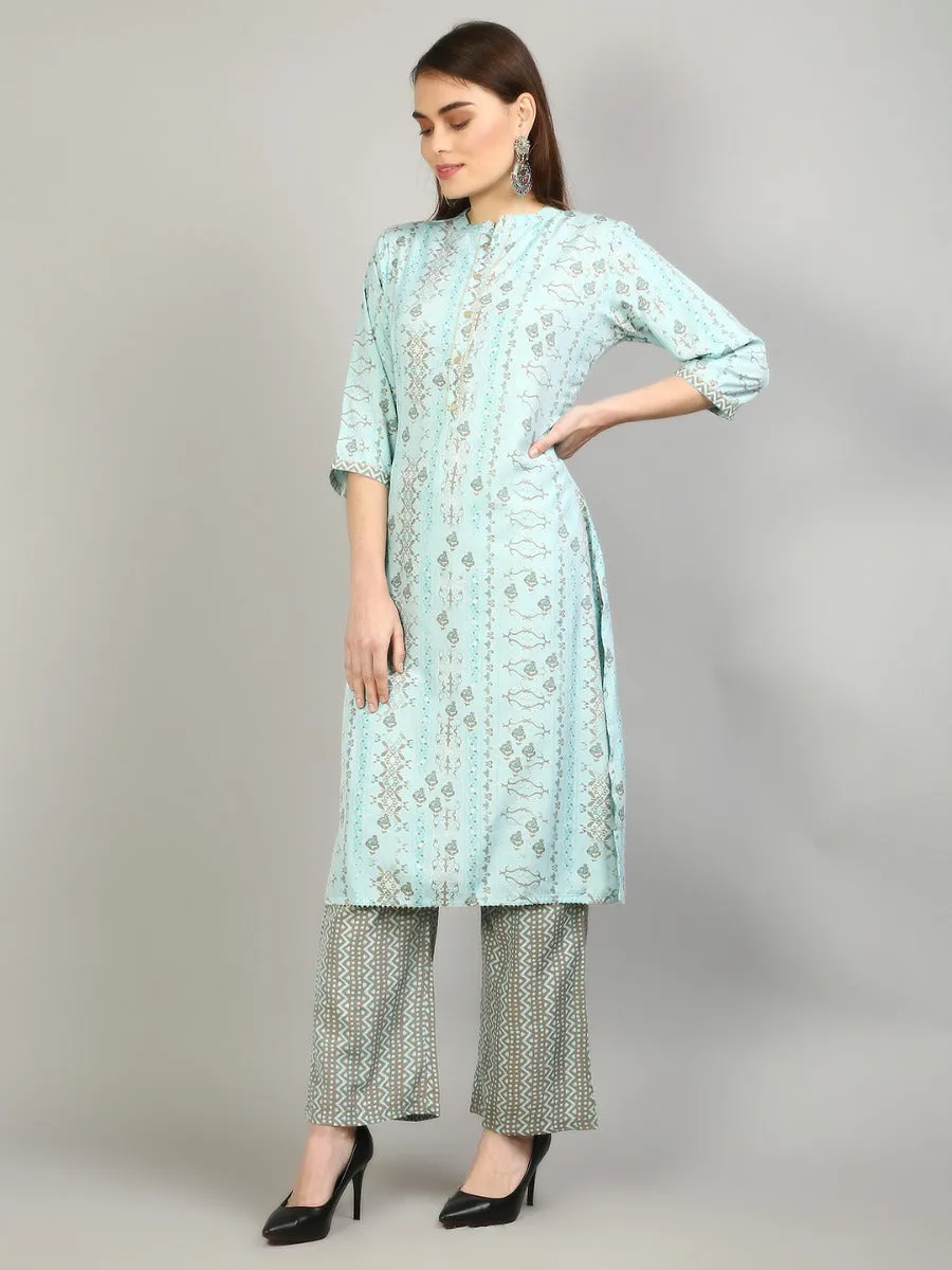 Women Aqua Blue Ornamental Printed Kurta With Pant