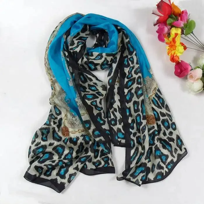 Women Blue Leopard Pattern Silk Scarf Extended Shawl Printed  Fashion Apparel Accessories Brand Long Mulberry Silk Scarf.