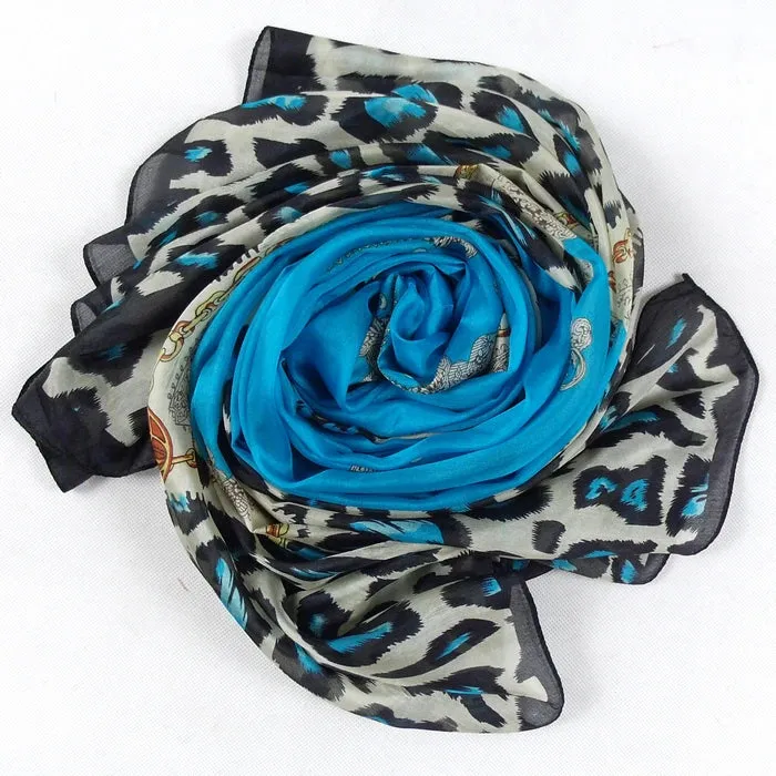 Women Blue Leopard Pattern Silk Scarf Extended Shawl Printed  Fashion Apparel Accessories Brand Long Mulberry Silk Scarf.