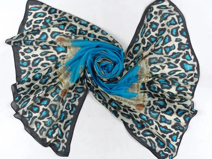 Women Blue Leopard Pattern Silk Scarf Extended Shawl Printed  Fashion Apparel Accessories Brand Long Mulberry Silk Scarf.