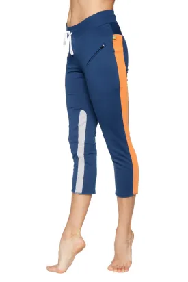 Women's 4/5 Length Zipper Pocket Capri Yoga Pant (Royal w/Orange & Grey)